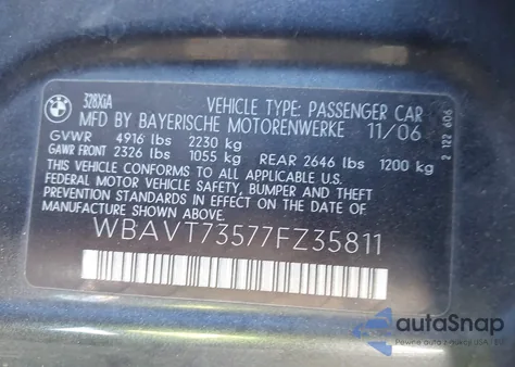 2007 BMW 328Xi z USA, uszkodzony, nr VIN WBAVT73517FV35811